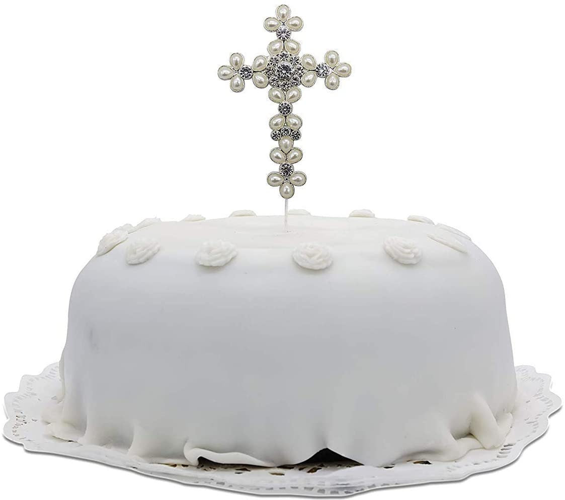 Pearl Rhinestone Holy Cross Cake Topper: Christening Communion Decoration