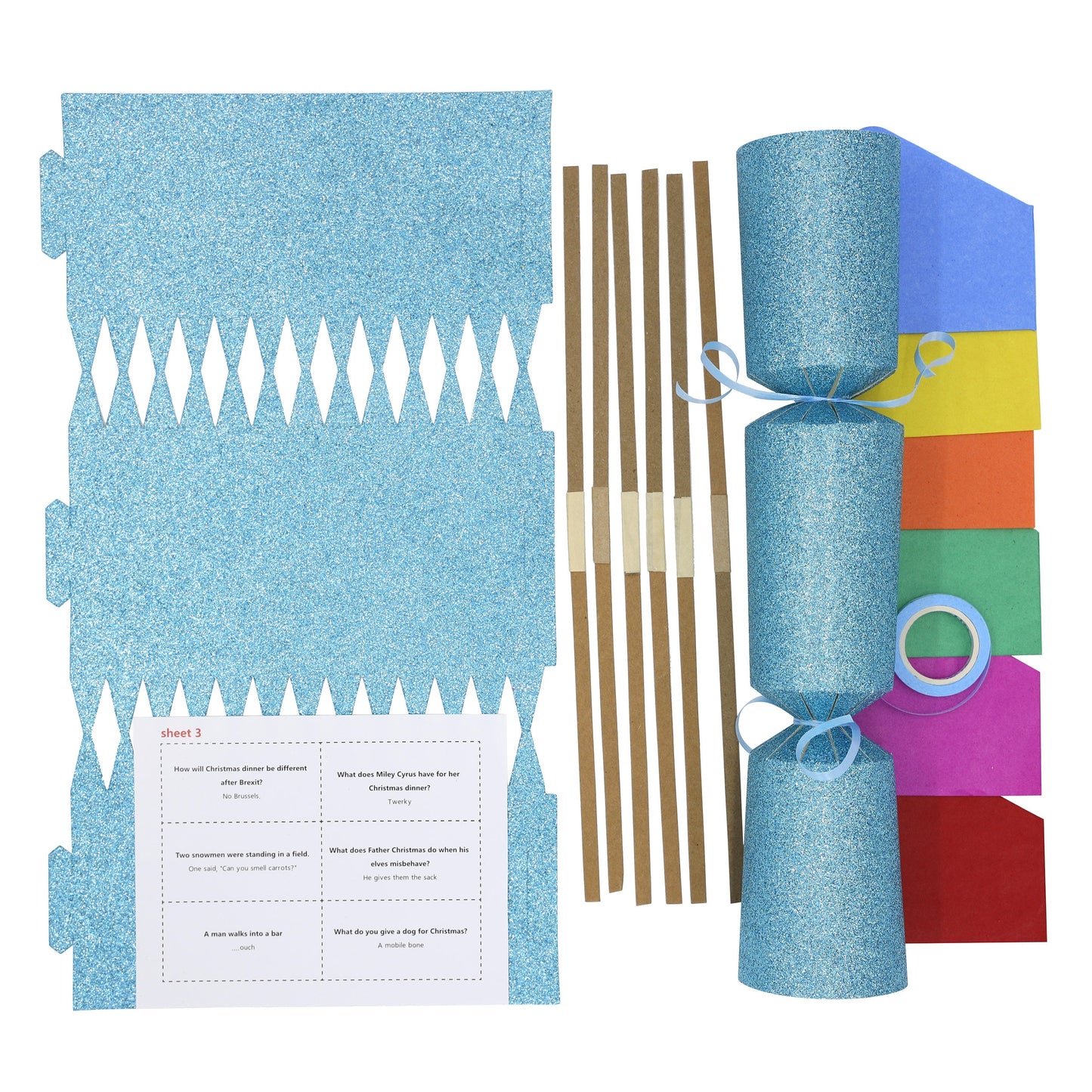 12 Make Your Own Christmas Cracker kit Crackers Hats Snaps BLUE GLITTER Keechi & co.