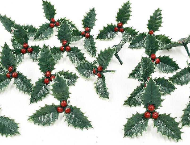 Small plastic holly leaf Christmas cake topper decoration Yule log cupcake 12 x