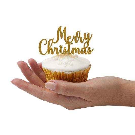 Merry Christmas cake topper stocking Cake Decorations yule log cupcake toppers (gold glitter) Etsy