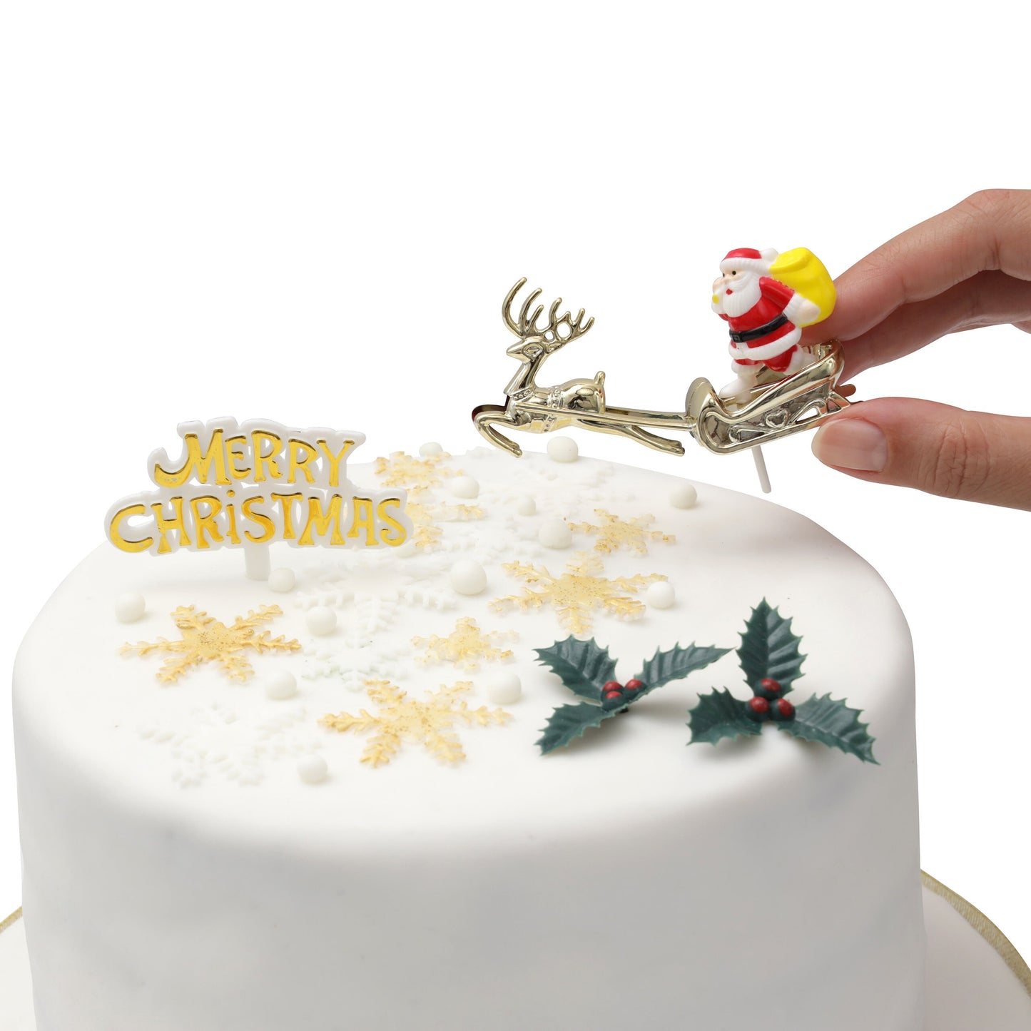 Merry Christmas Cake Decorations yule log cupcake toppers cake frill red with gold set combo 4 piece SET