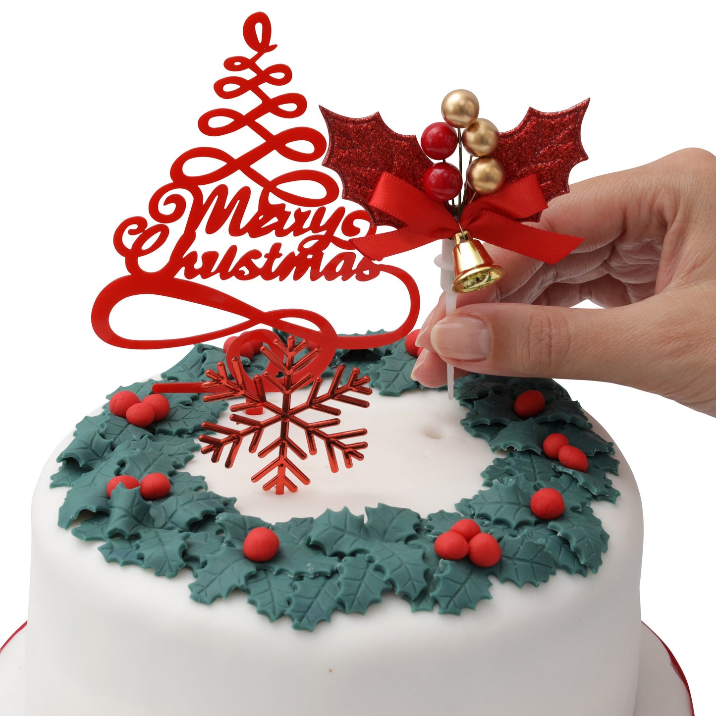 3 piece SET Green or Gold HOLLY Merry Christmas Cake Decorations log cupcake toppers