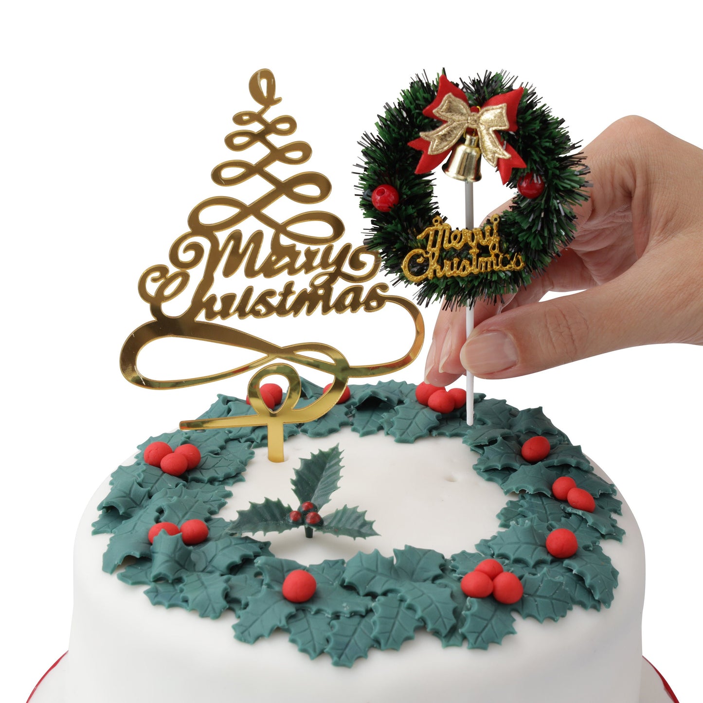 3 piece SET Green or Gold HOLLY Merry Christmas Cake Decorations log cupcake toppers