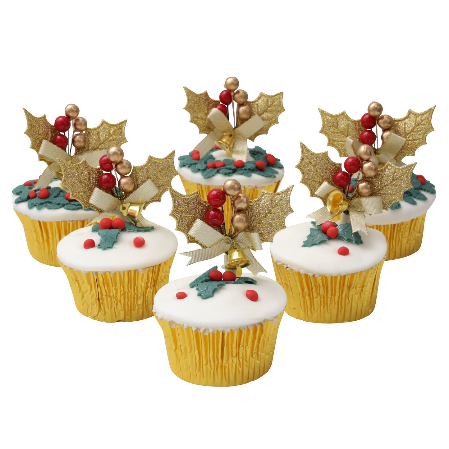 gold holly sprays cake topper Christmas cake decoration yule log cupcake toppers 6 x