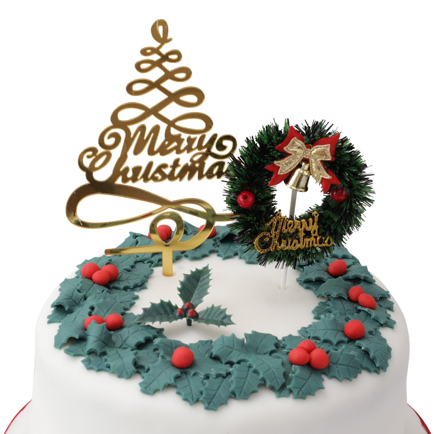 3 piece SET Green or Gold HOLLY Merry Christmas Cake Decorations log cupcake toppers