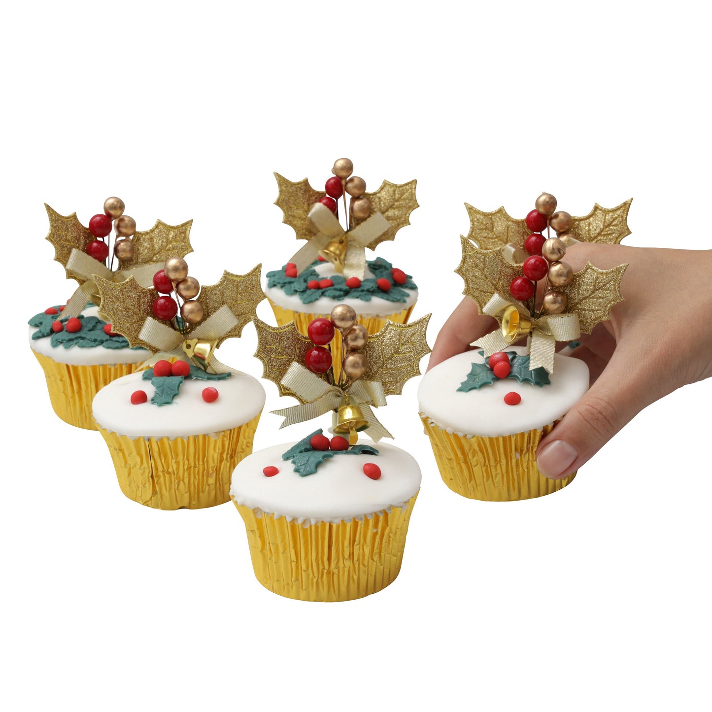 gold holly sprays cake topper Christmas cake decoration yule log cupcake toppers 6 x