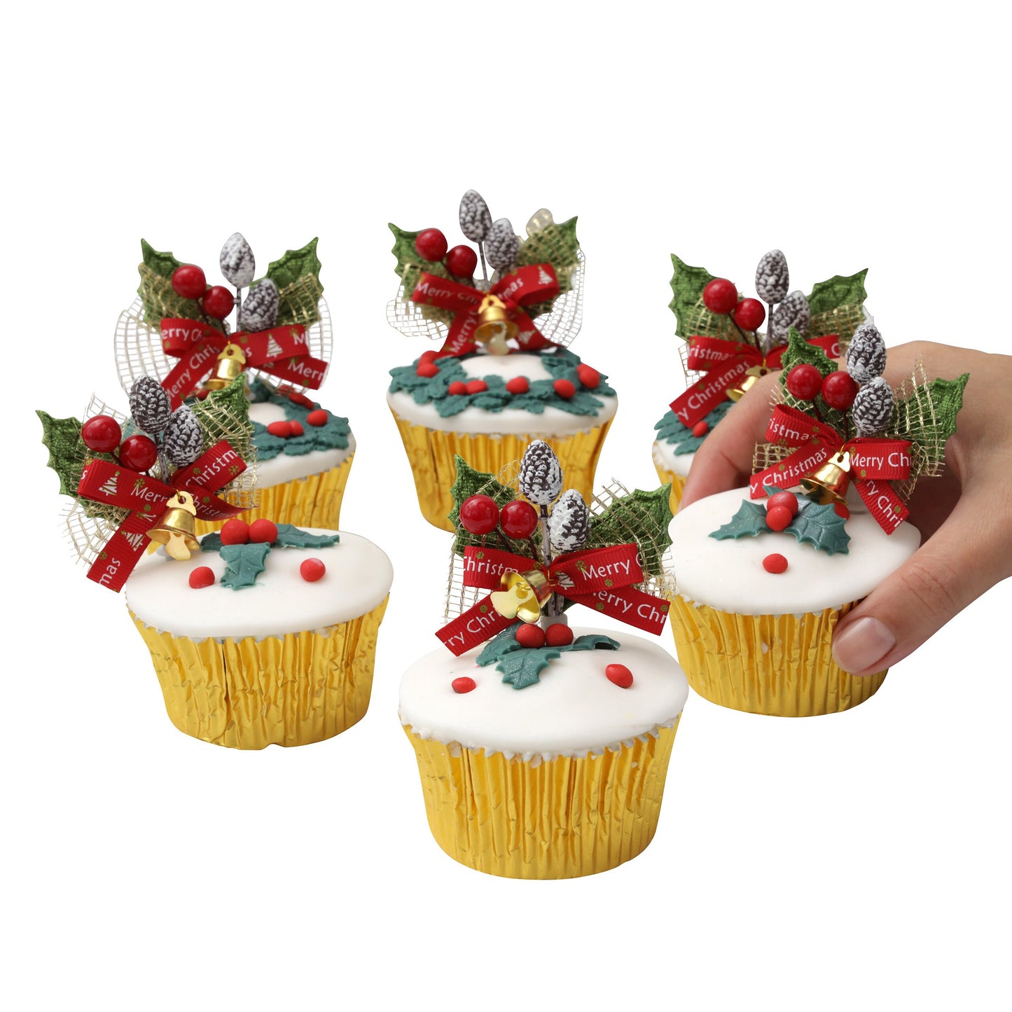 green holly sprays cake topper Christmas cake decoration yule log cupcake toppers 6 x