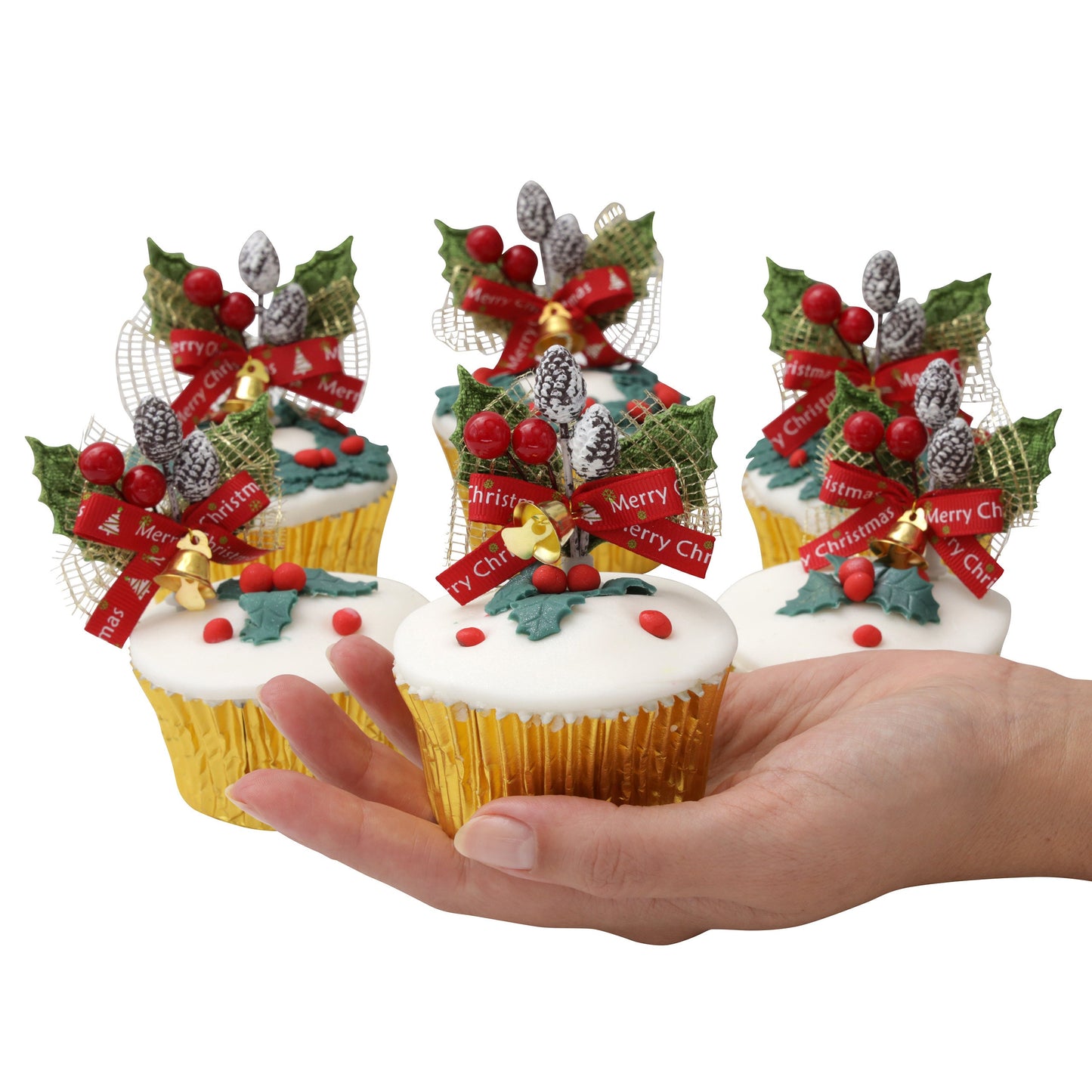 green holly sprays cake topper Christmas cake decoration yule log cupcake toppers 6 x