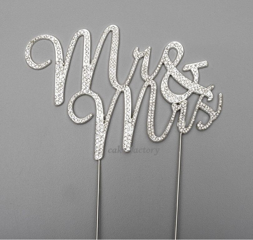 Wedding Cake Topper Pick Decoration Silver Mr & Mrs Rhinestone Diamante (New)