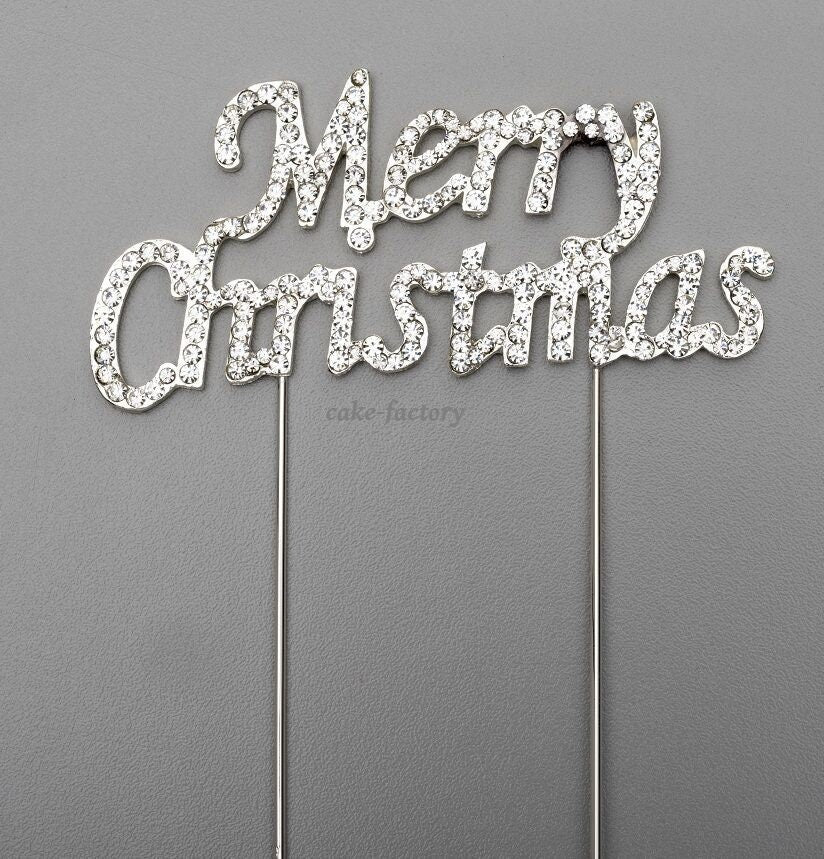Merry Christmas Cake Topper Pick Decoration Silver Rhinestone Diamante