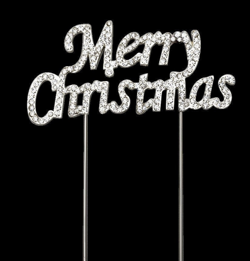Merry Christmas Cake Topper Pick Decoration Silver Rhinestone Diamante