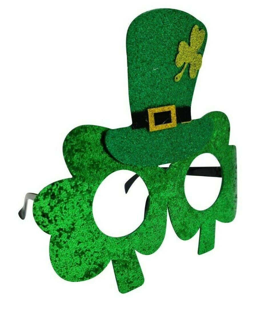 Green Glitter Shamrock Glasses Happy St Patricks Day Paddy Irish Ireland