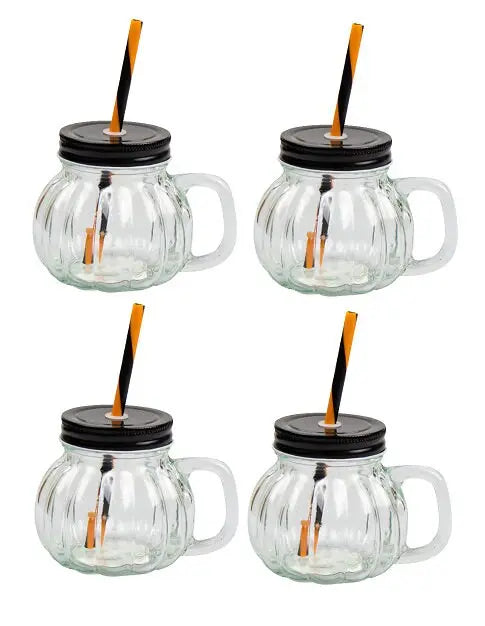6 Pumpkin Glass Jar & Straw 350ml Halloween Cocktail Home Tableware Drinkware Keechi & co.