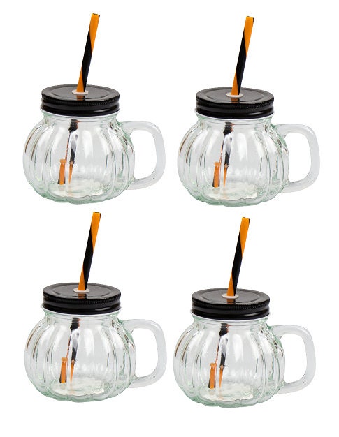 6 Pumpkin Glass Jar & Straw 350ml Halloween Cocktail Home Tableware Drinkware Etsy
