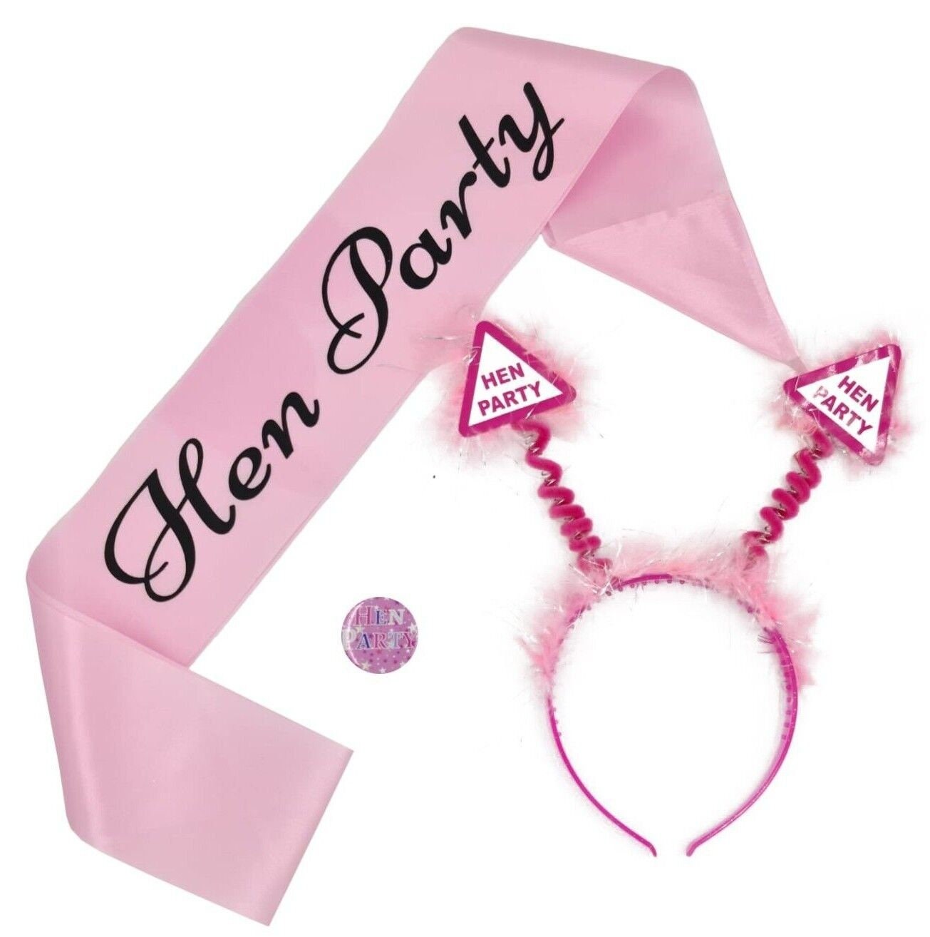 3pcs Hen Party Set Head Boppers Sash & Badge Night Out Pink Headband