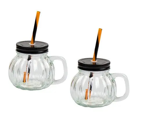 6 Pumpkin Glass Jar & Straw 350ml Halloween Cocktail Home Tableware Drinkware Keechi & co.