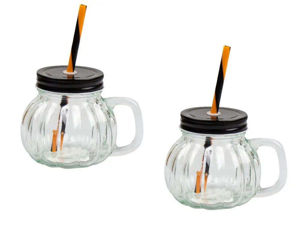 6 Pumpkin Glass Jar & Straw 350ml Halloween Cocktail Home Tableware Drinkware Keechi & co.