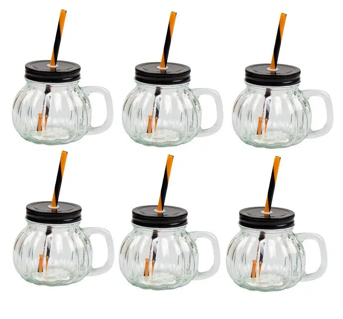 6 Pumpkin Glass Jar & Straw 350ml Halloween Cocktail Home Tableware Drinkware Keechi & co.