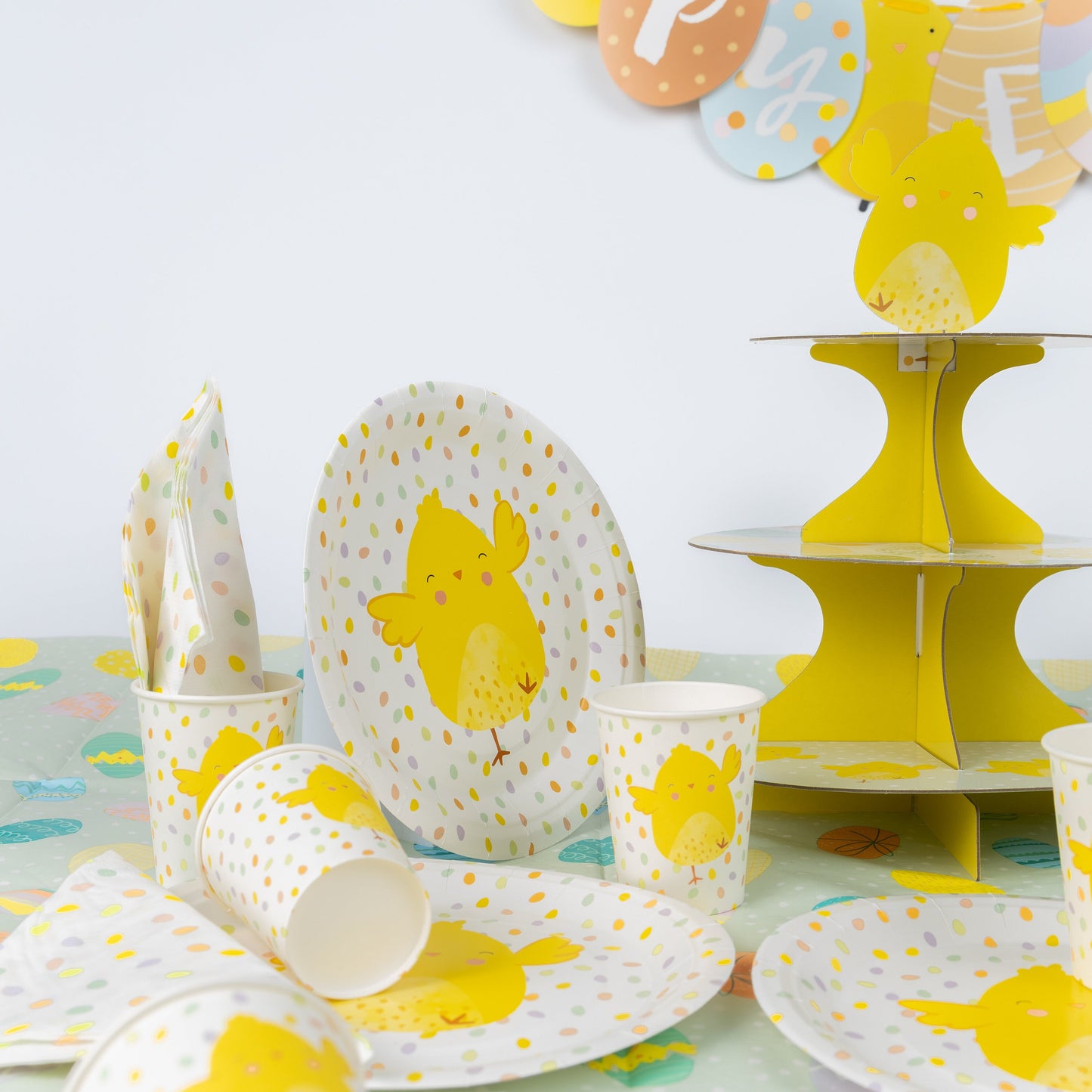 8 Pcs Chick Paper Plates Cups Napkins Party Table Cloth Cupcake Stand Keechi & co.