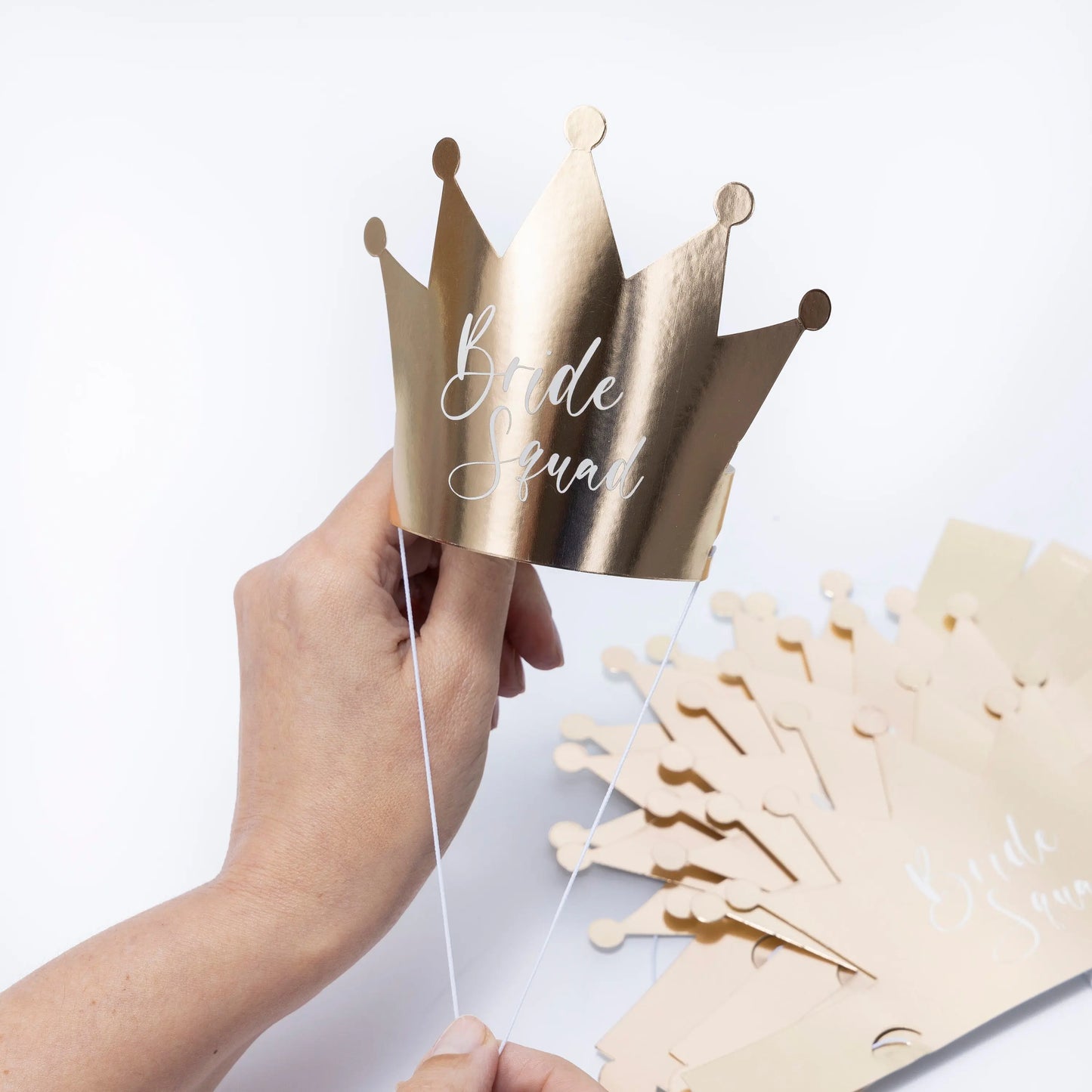 Bride Squad Hen Night Party Paper Crown Bridal Party Shower Do Bride to be Pack 8 x Gold with white Writing Keechi & co.