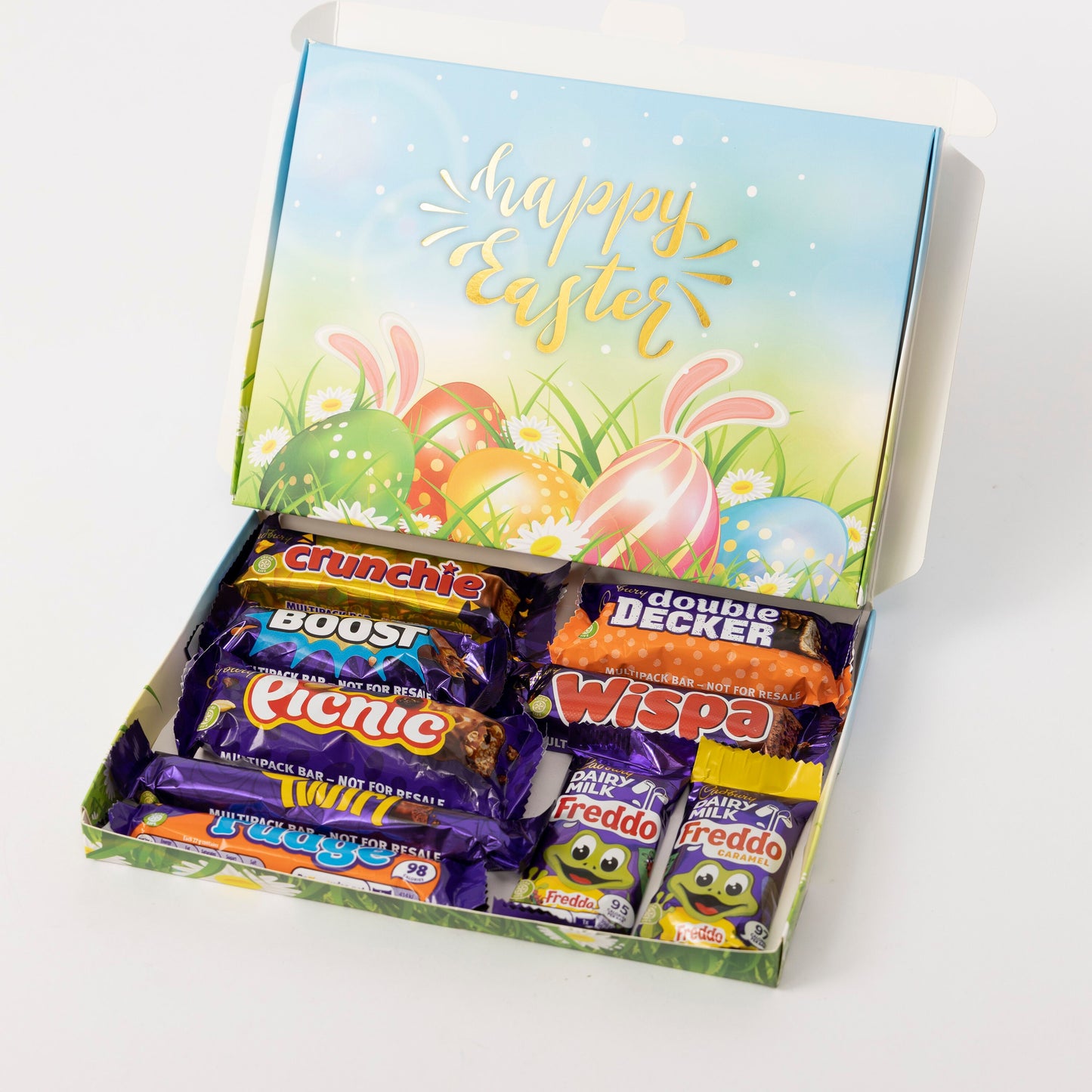 Cute Easter Personalised Gift Box Hamper Happy Easter Present Cadbury Chocolate Freddo Twirl Boost Sweet Keechi & co.