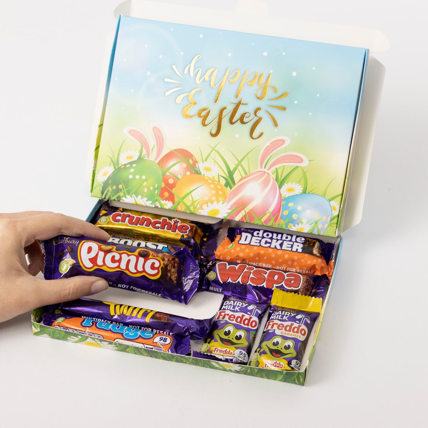 Cute Easter Personalised Gift Box Hamper Happy Easter Present Cadbury Chocolate Freddo Twirl Boost Sweet Keechi & co.