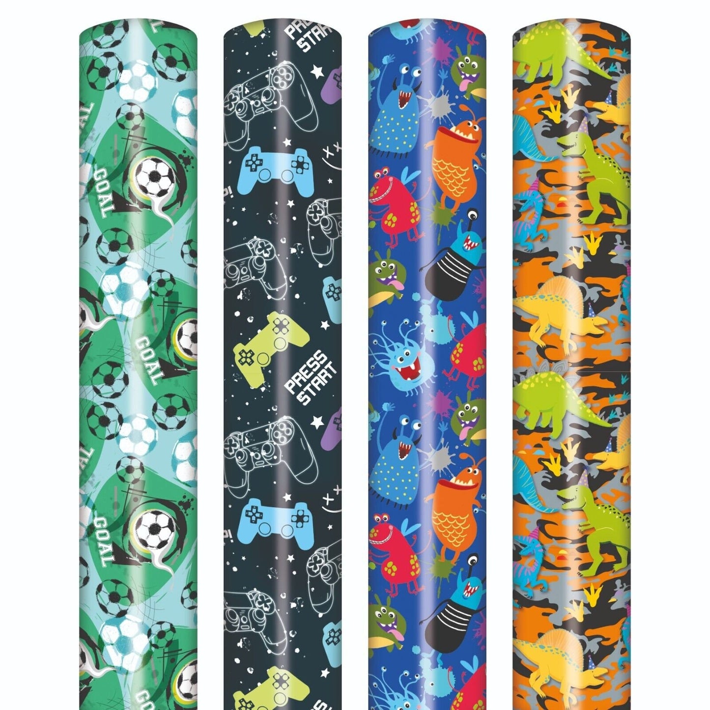 Boys Birthday Gift Wrapping Paper: 4 Rolls, Sports, Dinosaurs, Monsters