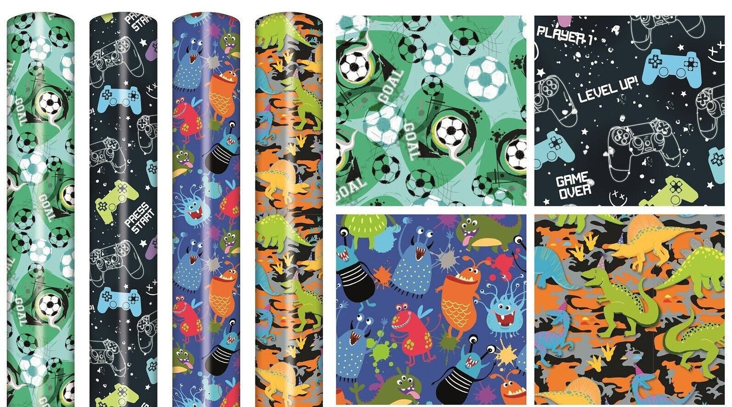 Boys Birthday Gift Wrapping Paper: 4 Rolls, Sports, Dinosaurs, Monsters