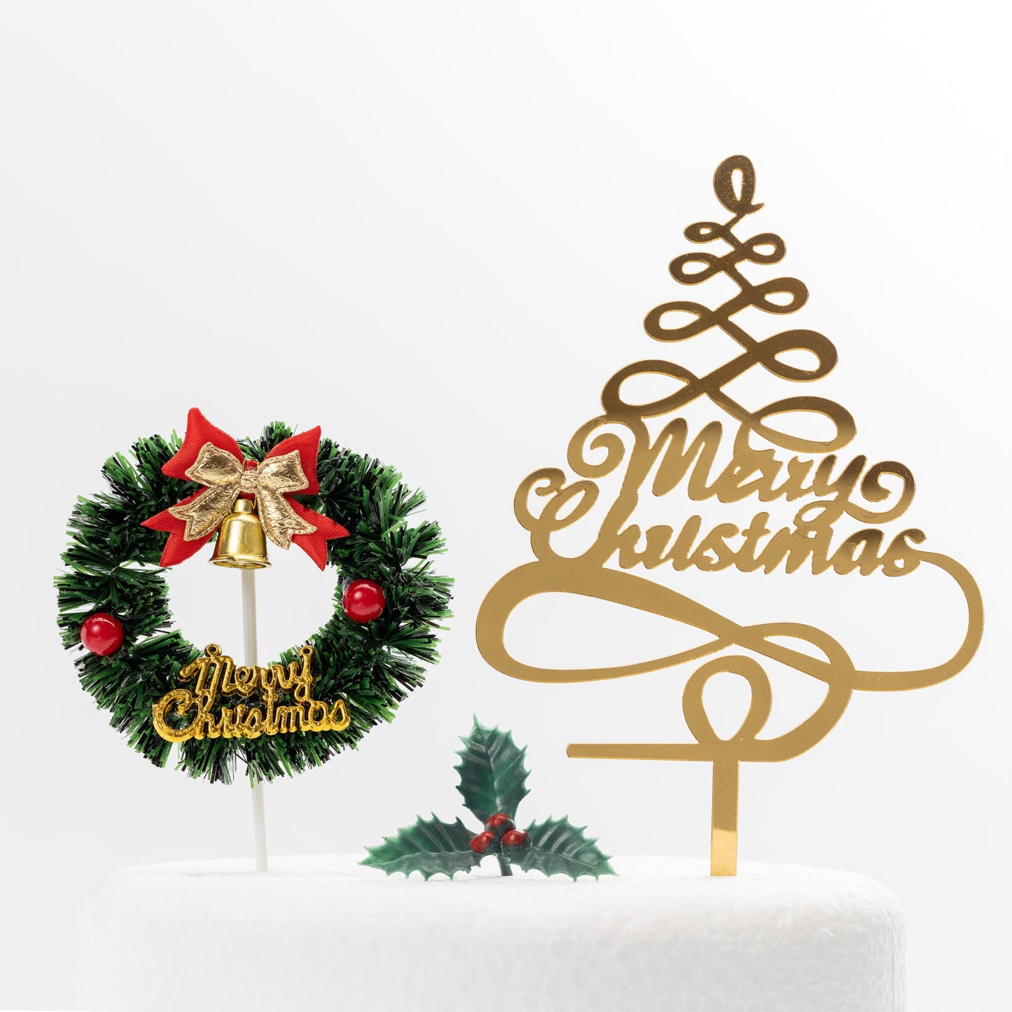3 piece SET Merry Christmas Cake Decorations yule log cupcake toppers