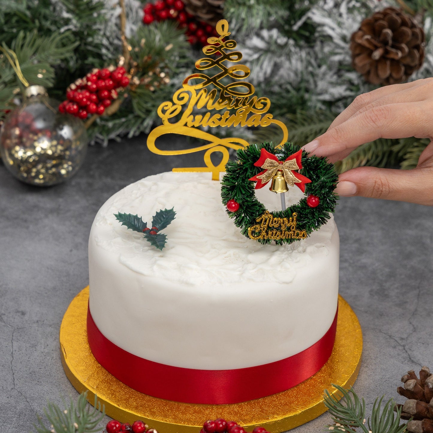 3 piece SET Merry Christmas Cake Decorations yule log cupcake toppers