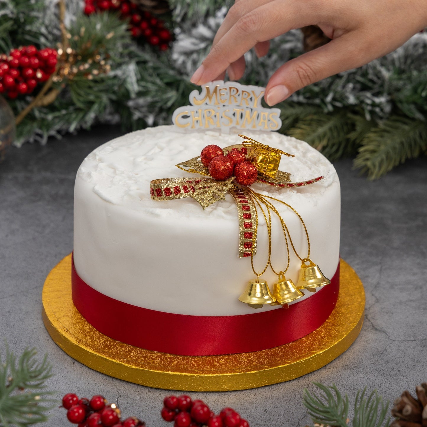 Christmas Cake Decoration topper Set Gold or silver Holly & Bells With Merry Christmas Sign