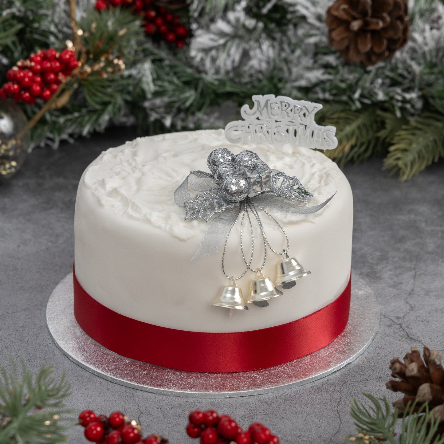 Christmas Cake Decoration topper Set Gold or silver Holly & Bells With Merry Christmas Sign