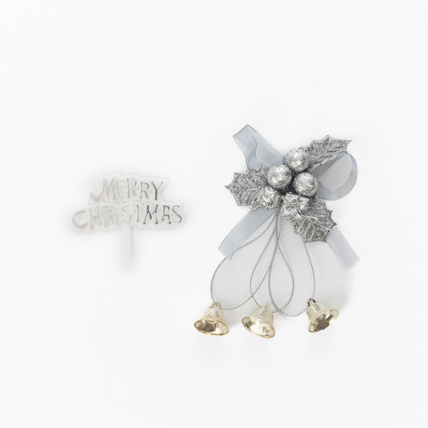 Christmas Cake Decoration topper Set Gold or silver Holly & Bells With Merry Christmas Sign