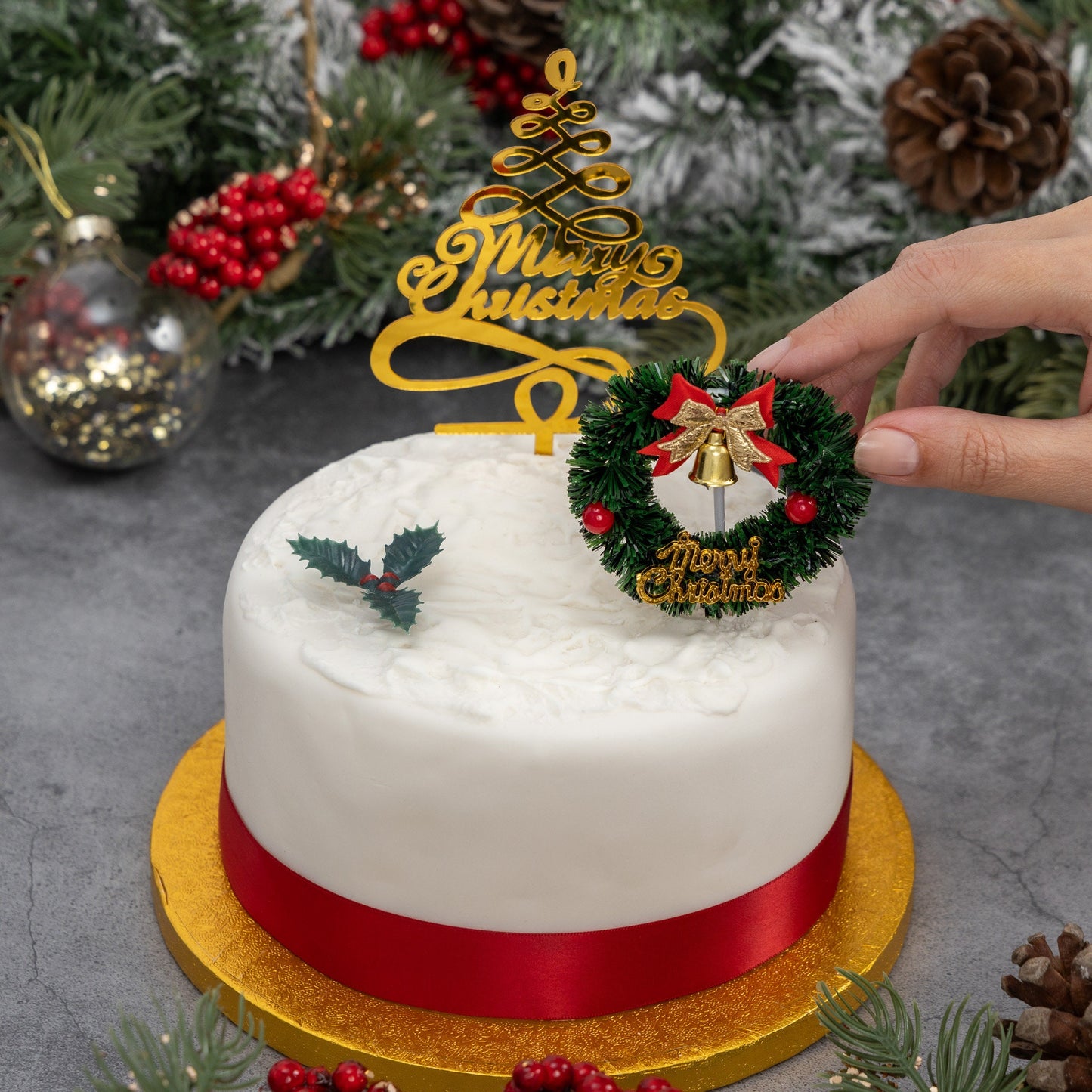 3 piece SET Merry Christmas Cake Decorations yule log cupcake toppers cake frill