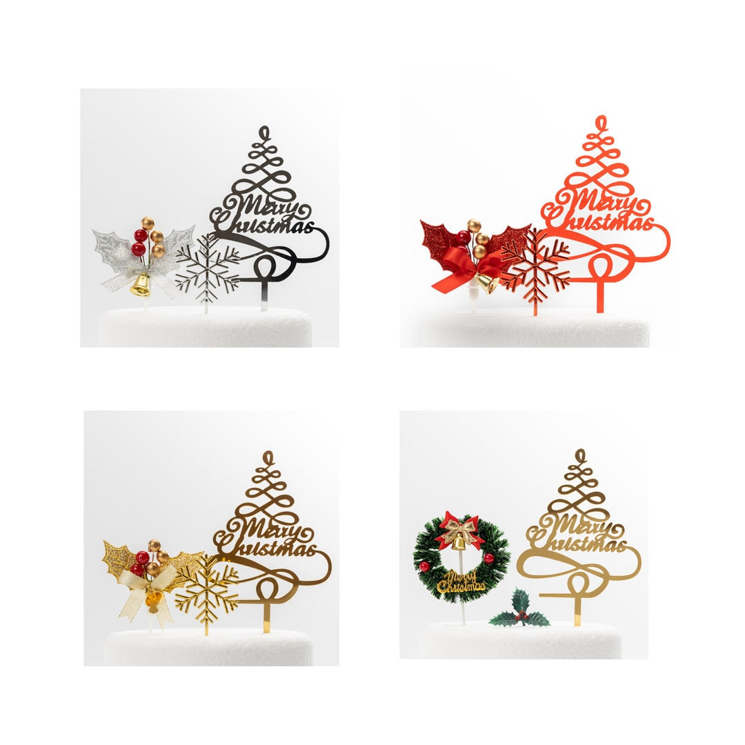 3 piece SET Merry Christmas Cake Decorations yule log cupcake toppers cake frill