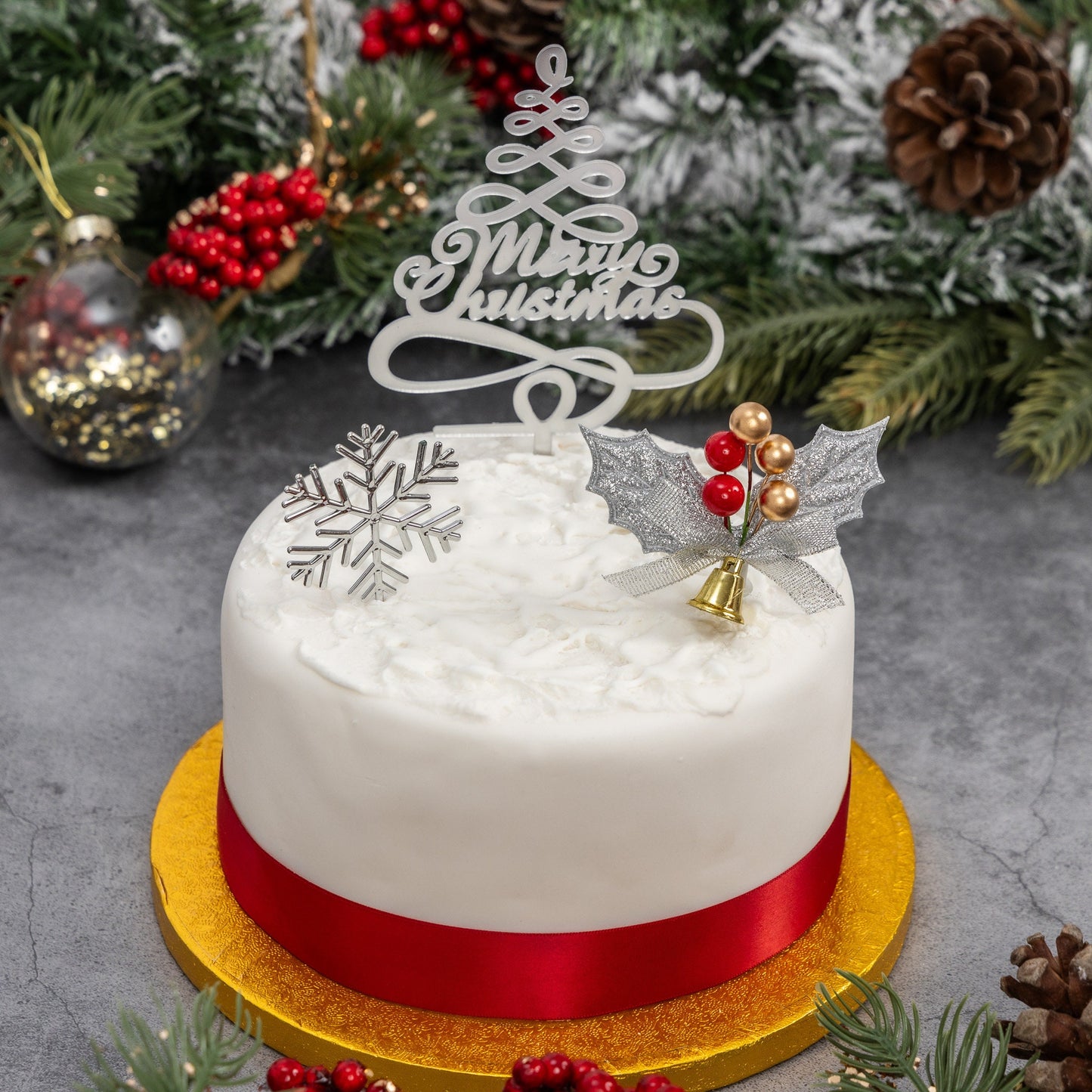3 piece SET SILVER HOLLY Merry Christmas Cake Decorations log cupcake toppers