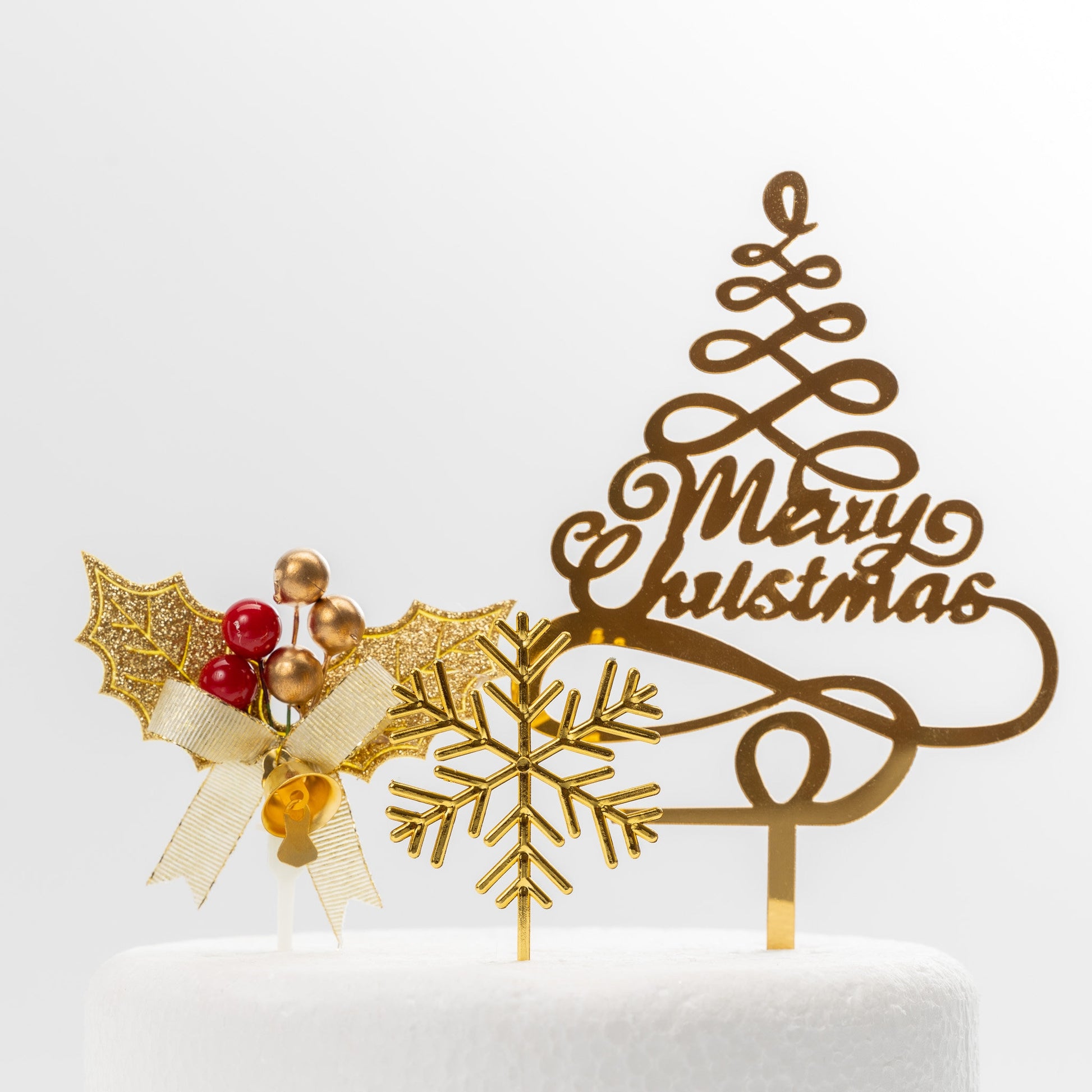 Merry Christmas Cake Decorations 3 piece SET Gold HOLLY  log cupcake toppers Etsy