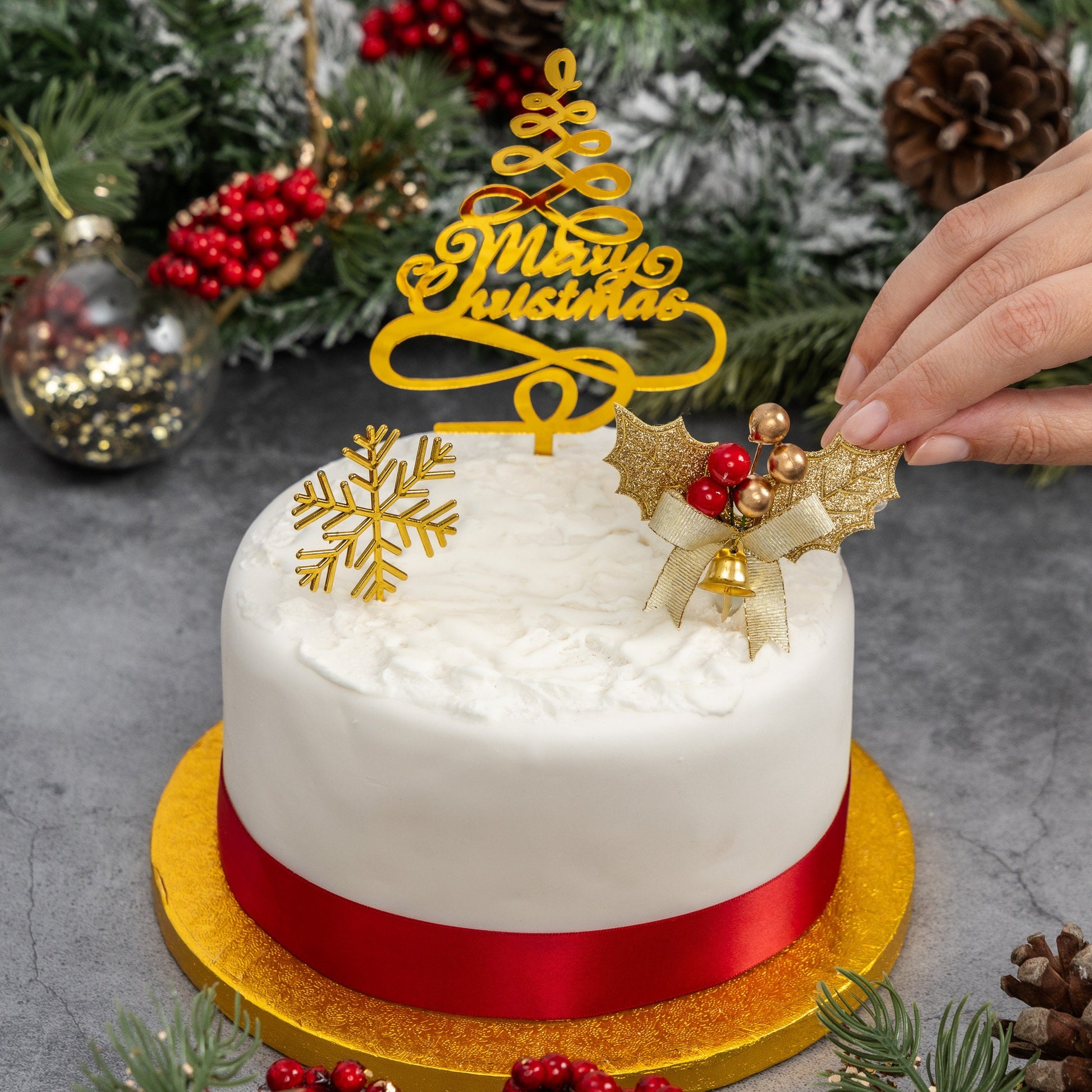 Merry Christmas Cake Decorations 3 piece SET Gold HOLLY  log cupcake toppers Etsy