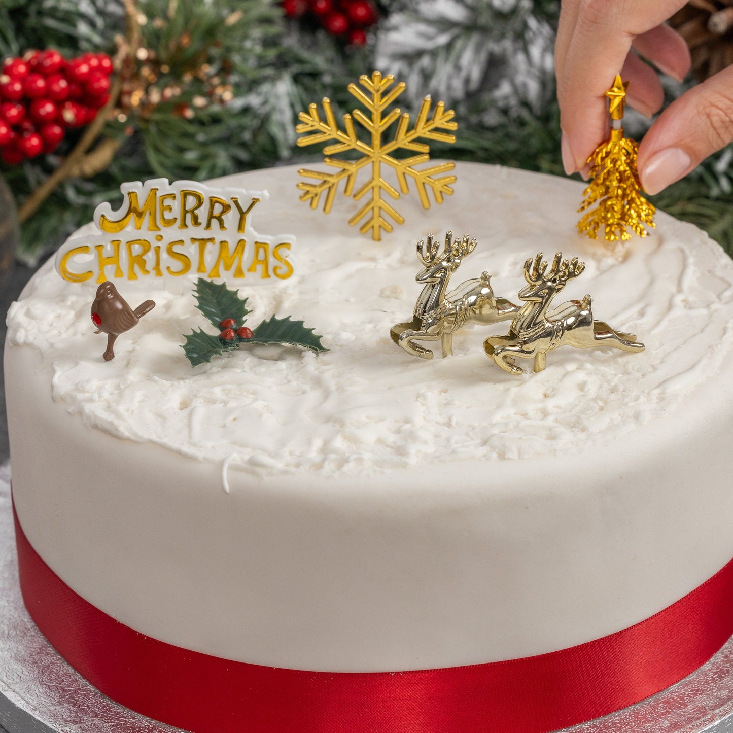 Gold Christmas Cake Topper Set: Snowflake, Reindeer, Holly - 7 Piece
