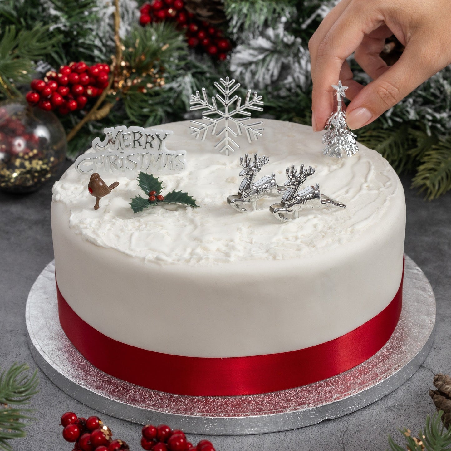 Gold Christmas Cake Topper Set: Snowflake, Reindeer, Holly - 7 Piece