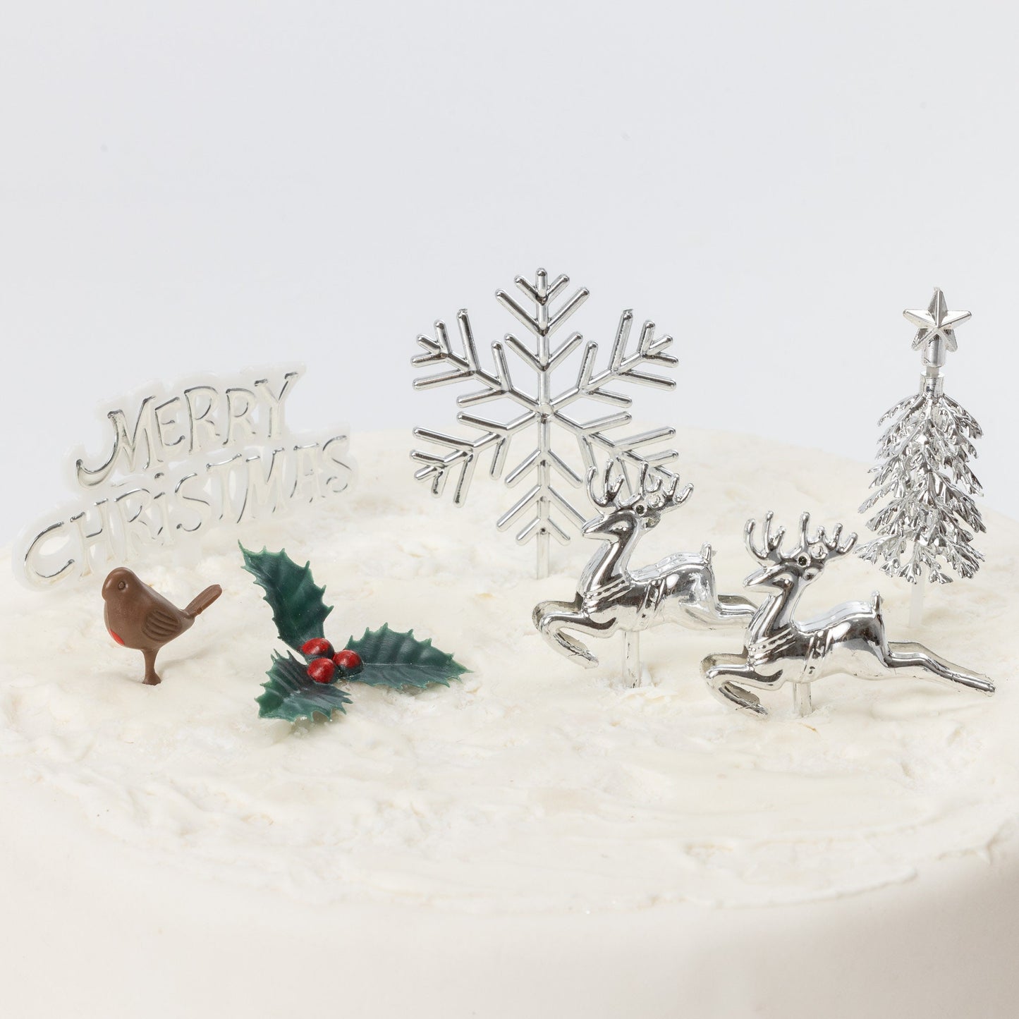 Gold Christmas Cake Topper Set: Snowflake, Reindeer, Holly - 7 Piece