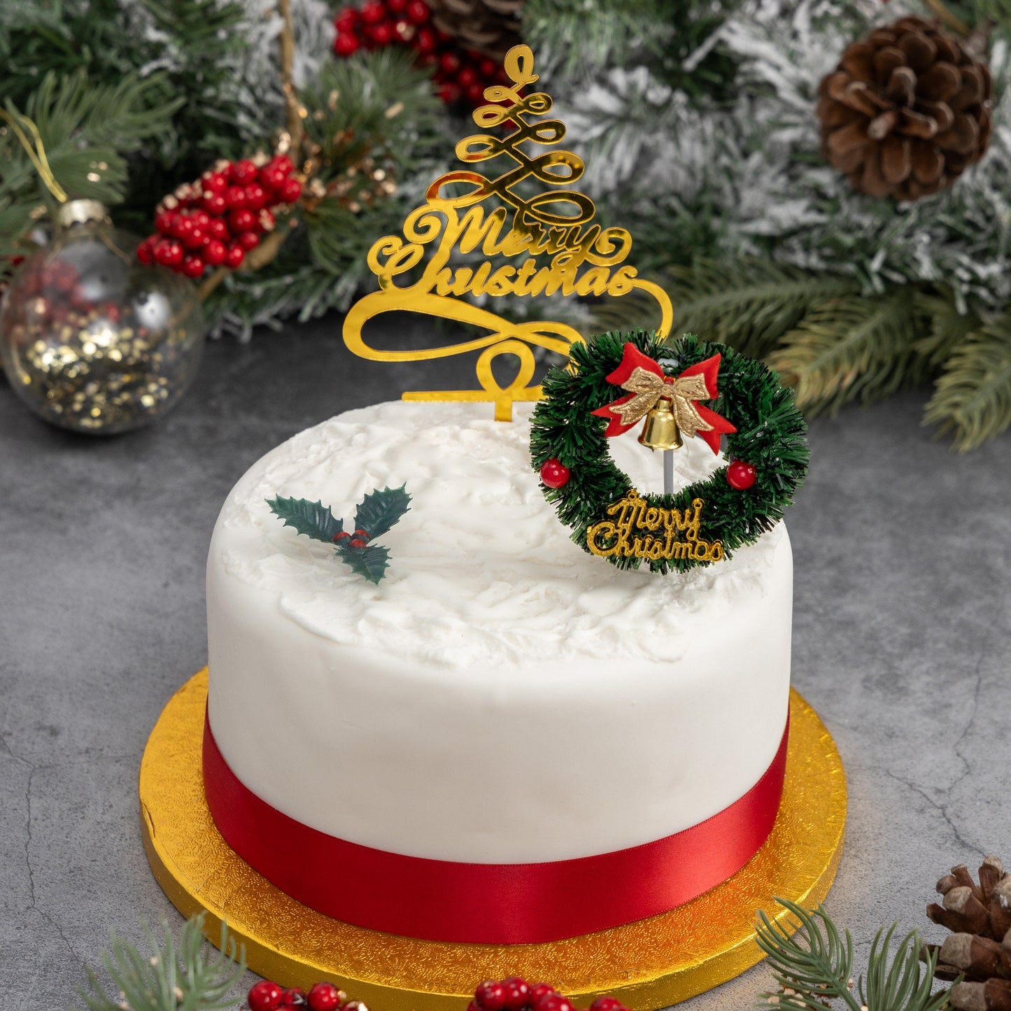 3 piece SET Merry Christmas Cake Decorations yule log cupcake toppers