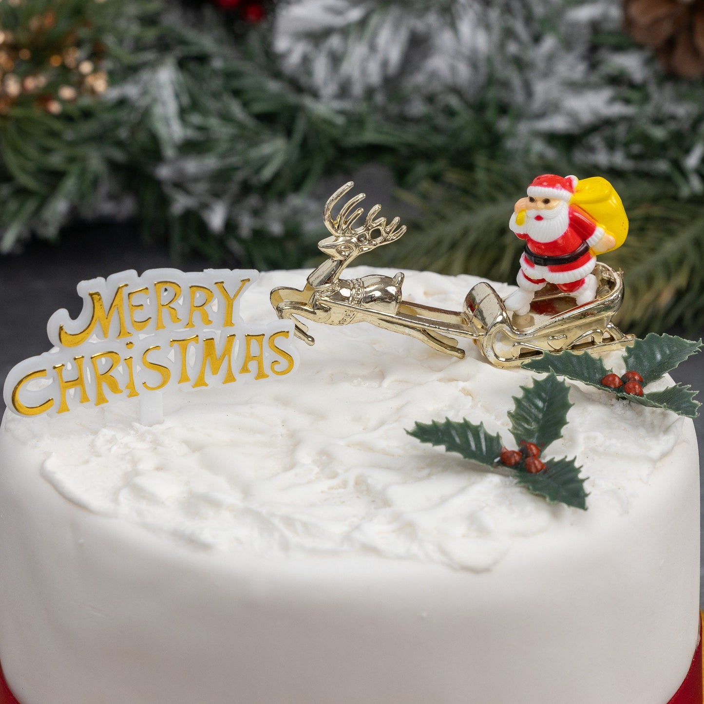 Christmas Cake Topper Set: Santa, Sleigh, Holly (4 Piece)