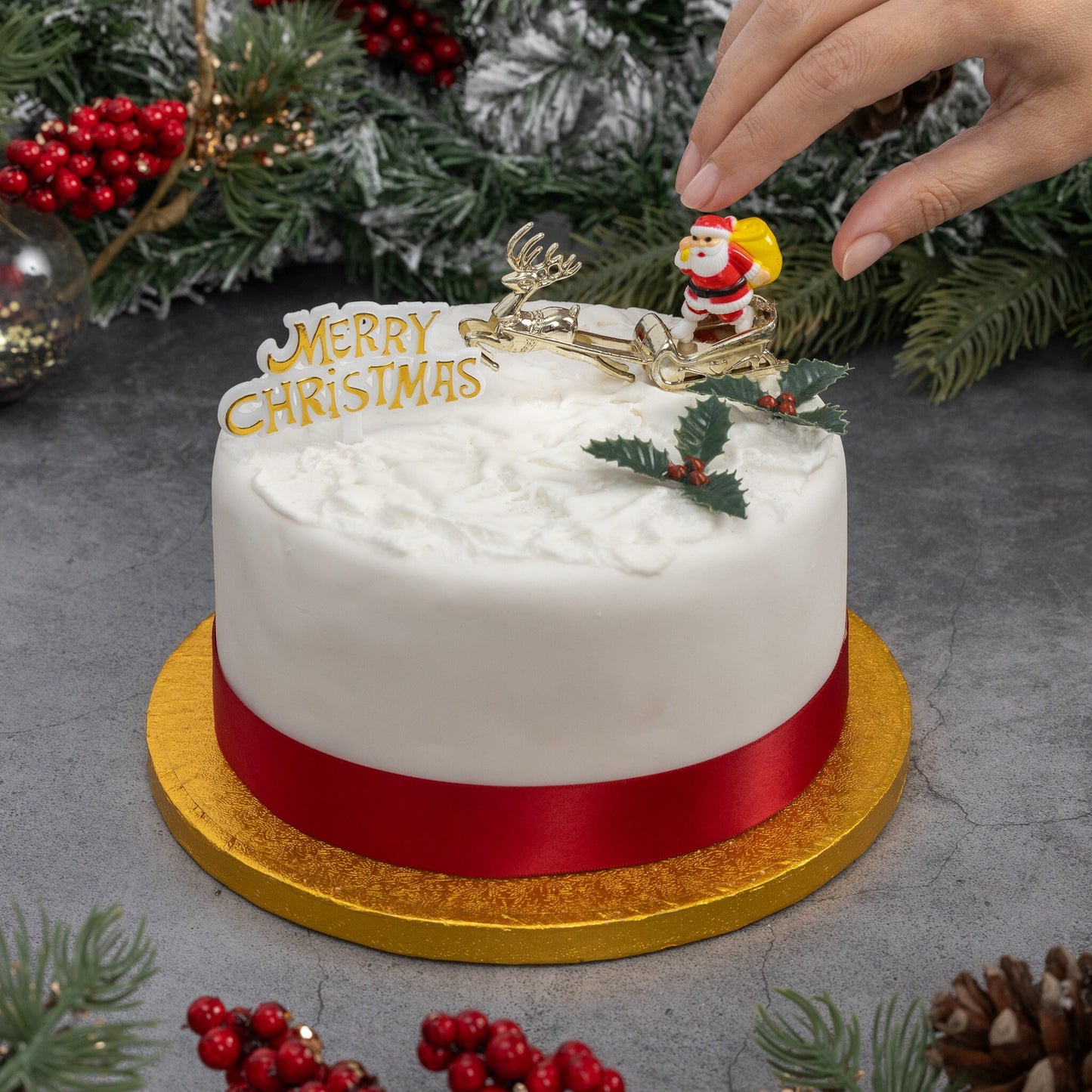 Merry Christmas Cake Decorations yule log cupcake toppers cake frill red with gold set combo 4 piece SET