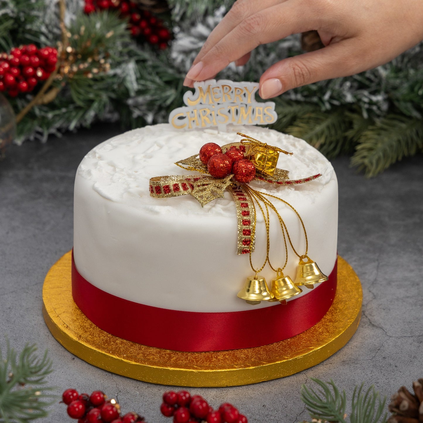Christmas Cake Decoration topper Set Gold or silver Holly & Bells With Merry Christmas Sign