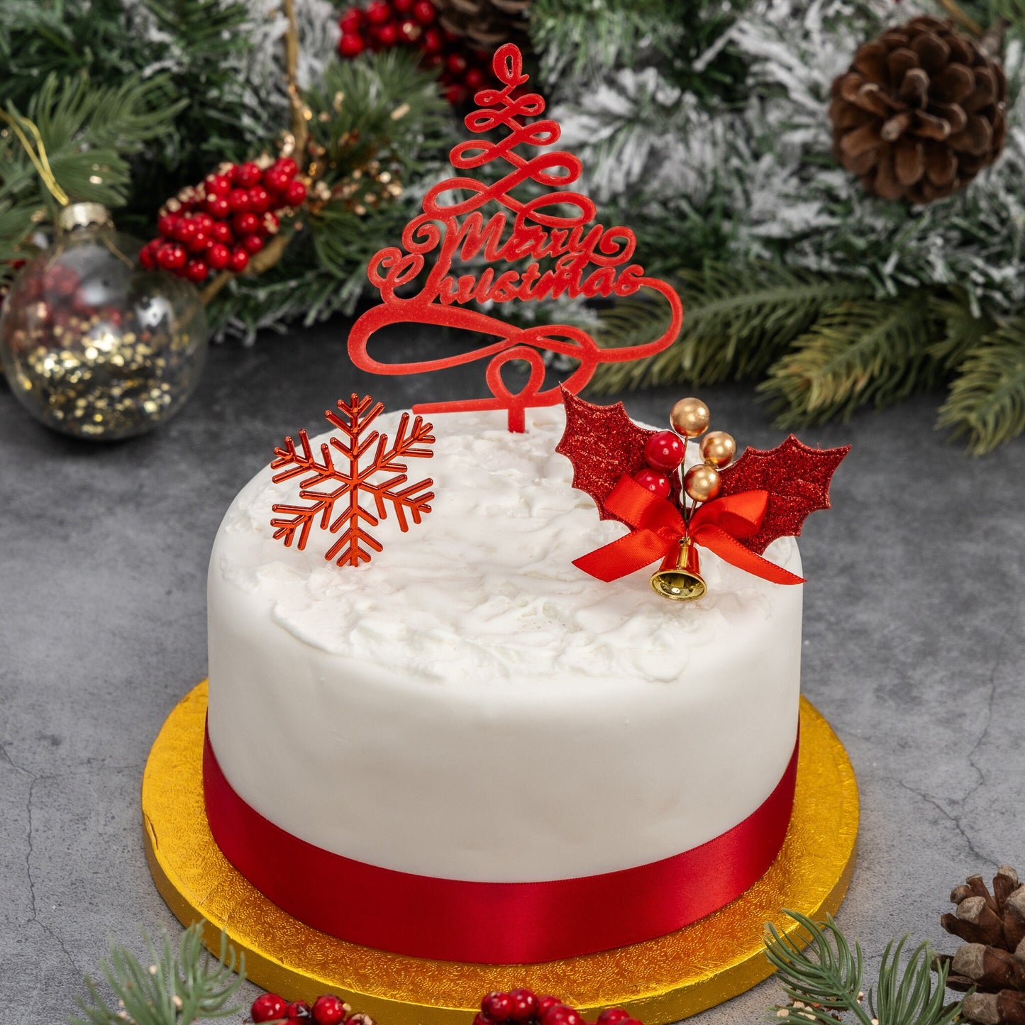 Red Christmas Cake Topper Set: Holly, Snowflake, Merry Christmas (3 pc)
