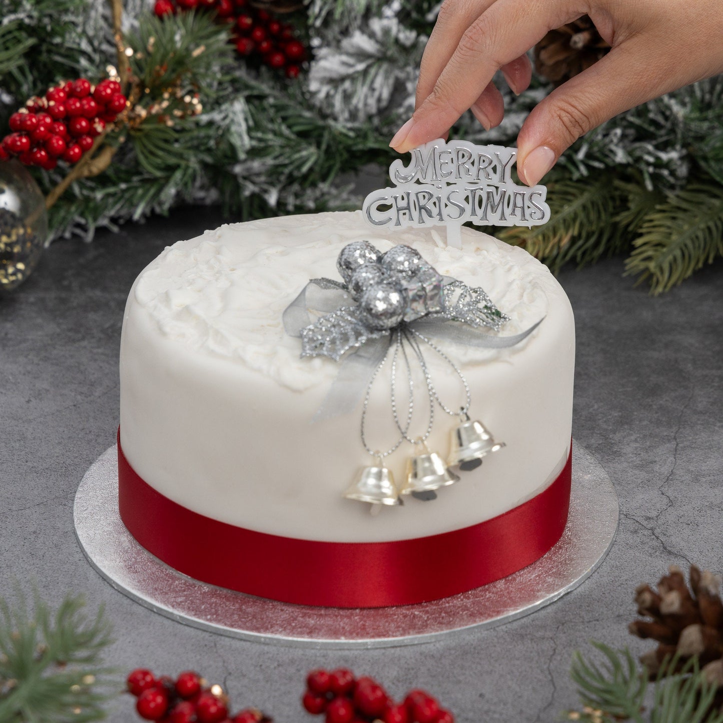 Christmas Cake Decoration topper Set Gold or silver Holly & Bells With Merry Christmas Sign Etsy