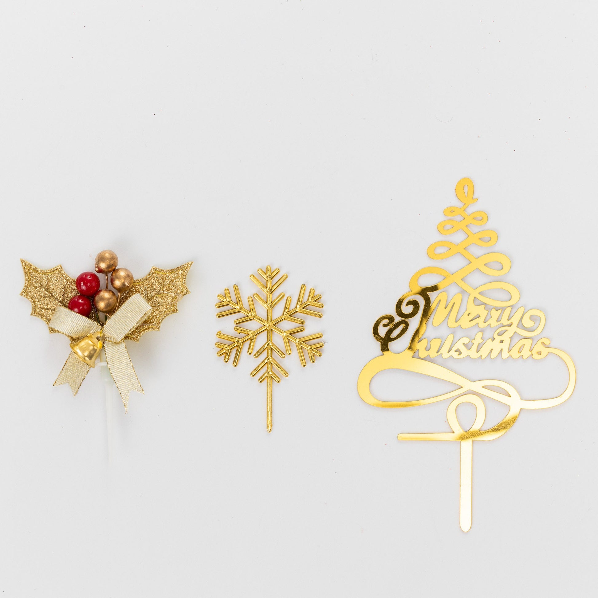 Merry Christmas Cake Decorations 3 piece SET Gold HOLLY  log cupcake toppers Etsy