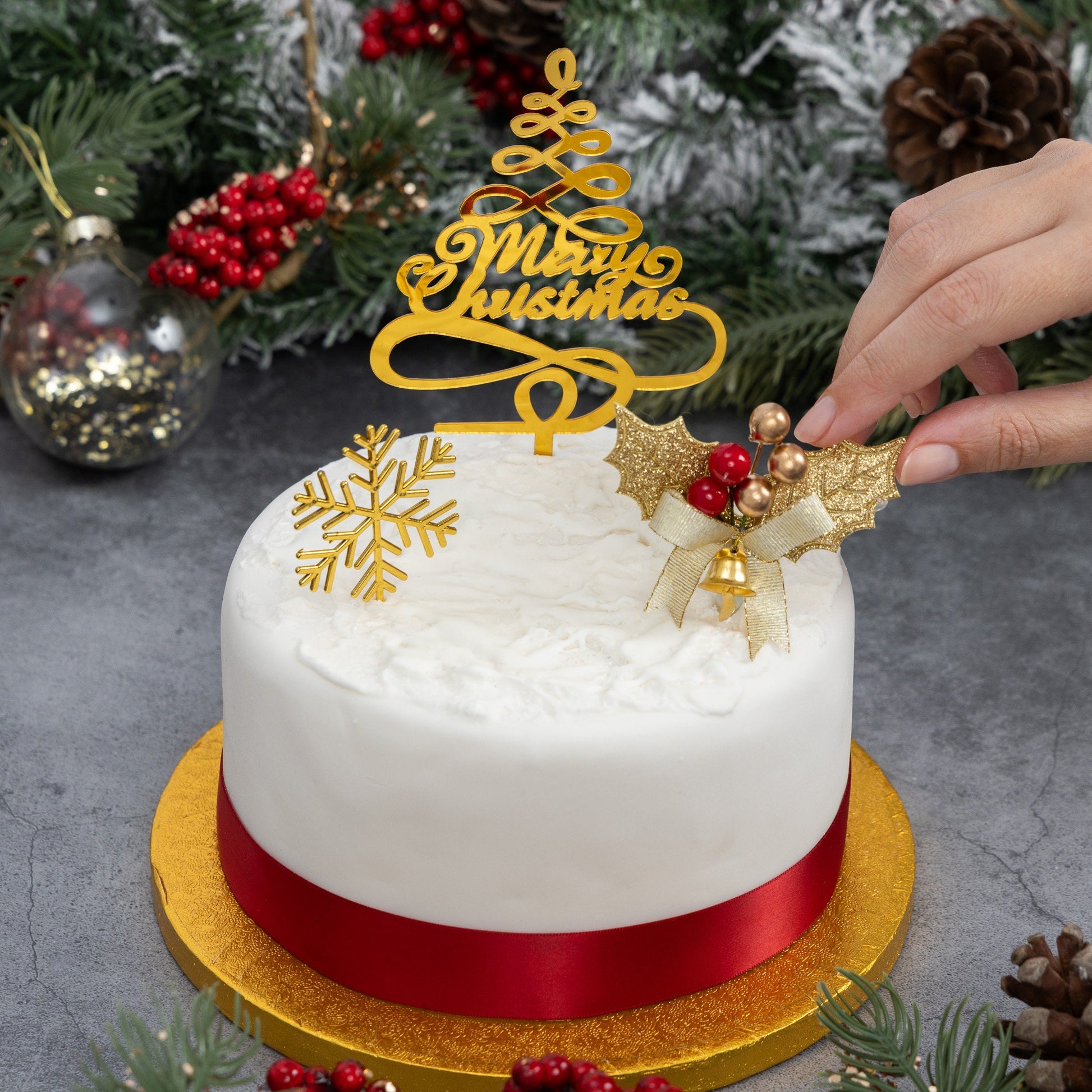 Merry Christmas Cake Decorations 3 piece SET Gold HOLLY  log cupcake toppers Etsy