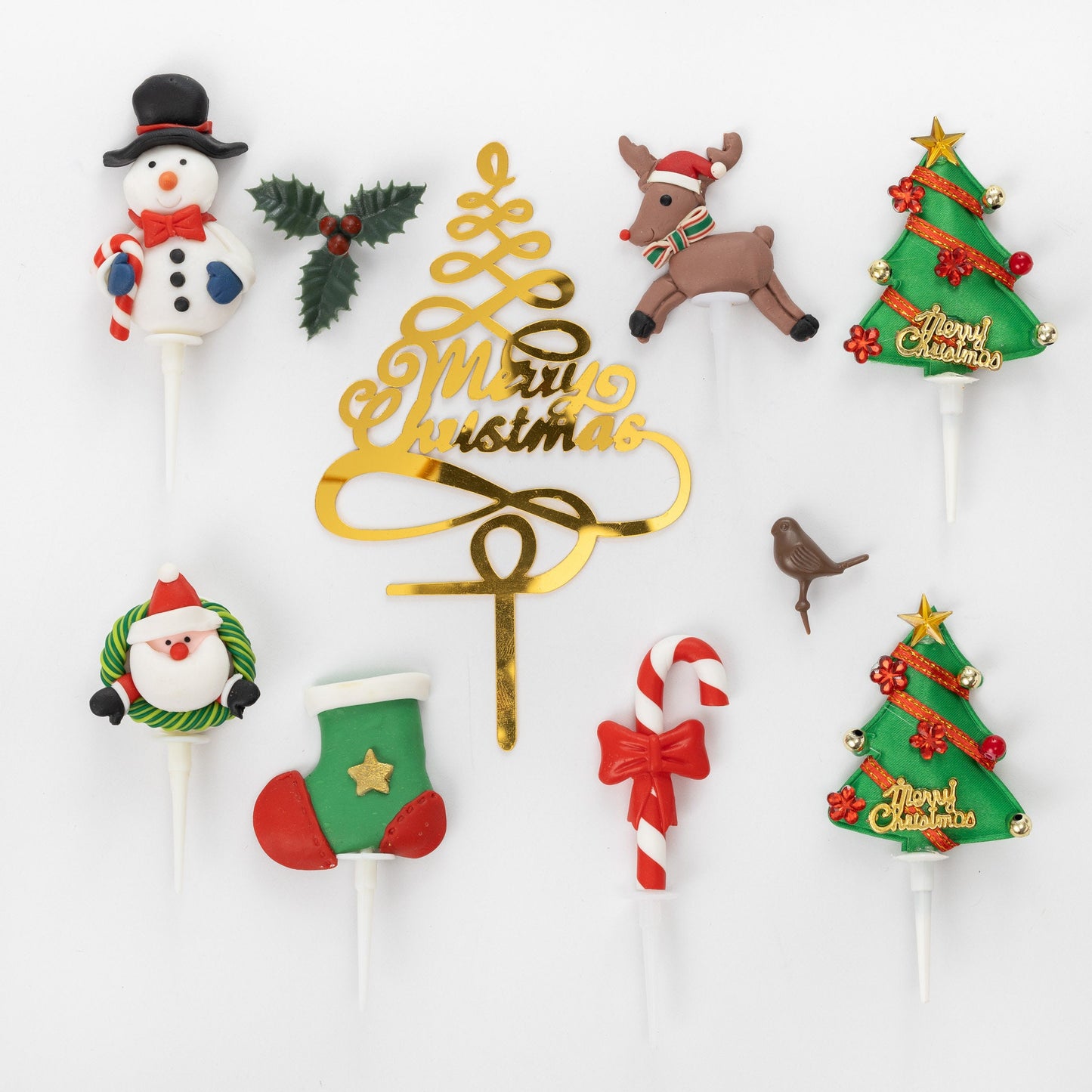 luxury piece deluxe setSET Merry Christmas Cake Decorations yule log cupcake toppers 10 x